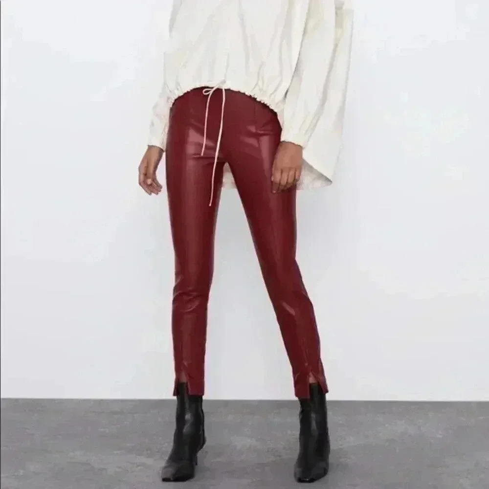 Zara Faux Leather Legging Pants High Rise Red Slim Size Small